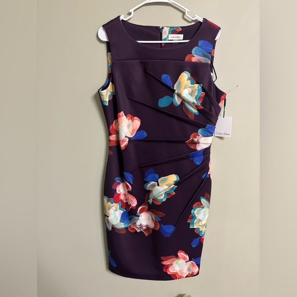 Calvin Klein Scuba Floral Printed Asymmetrical Ruching Sheath Dress Size 12 New - Picture 2 of 7